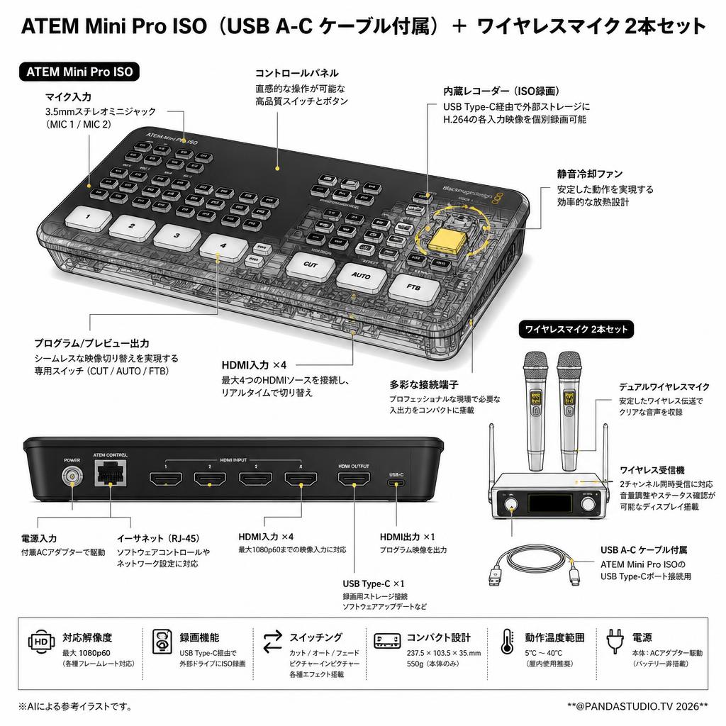 Blackmagic Design ATEM Mini Pro ISO（USB A-C ケーブル付属） ＋ ワイヤレスマイク2本セット スペック