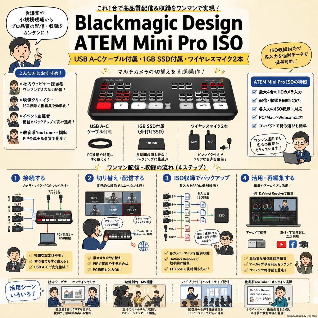 Blackmagic Design ATEM Mini Pro ISO （USB A-C ケーブル付属）1GB SSD付属 ワイヤレスマイク2本 おもな対象のお客様