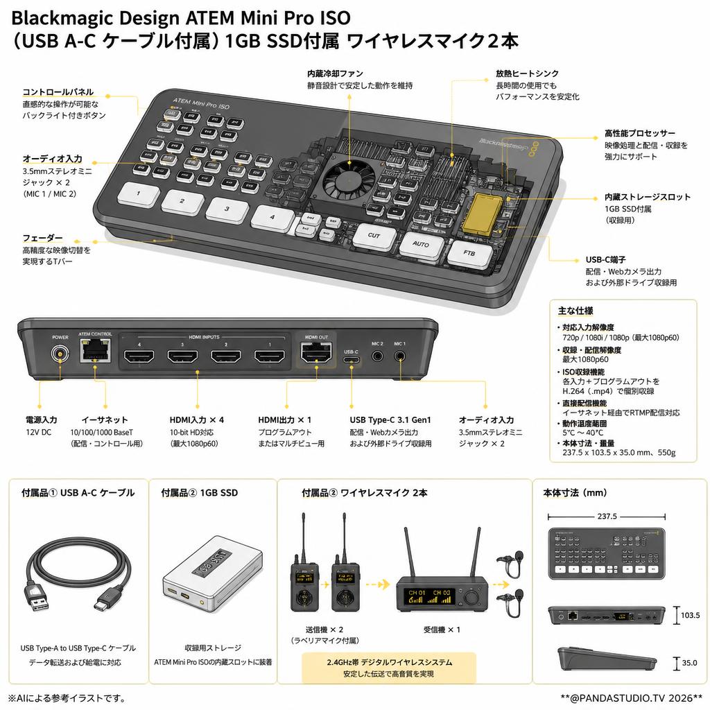Blackmagic Design ATEM Mini Pro ISO （USB A-C ケーブル付属）1GB SSD付属 ワイヤレスマイク2本 スペック