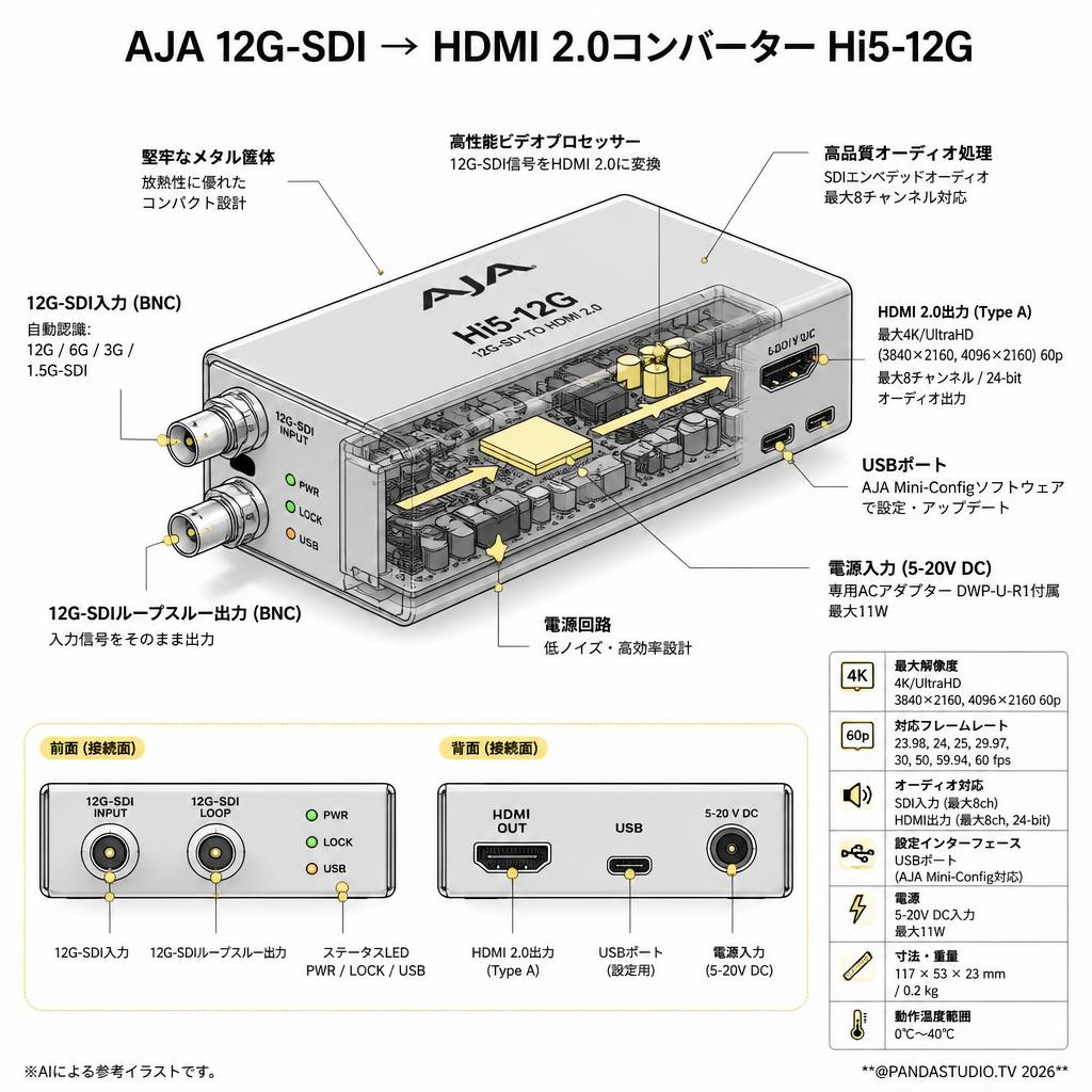AJA 12G-SDI → HDMI 2.0コンバーター Hi5-12G スペック