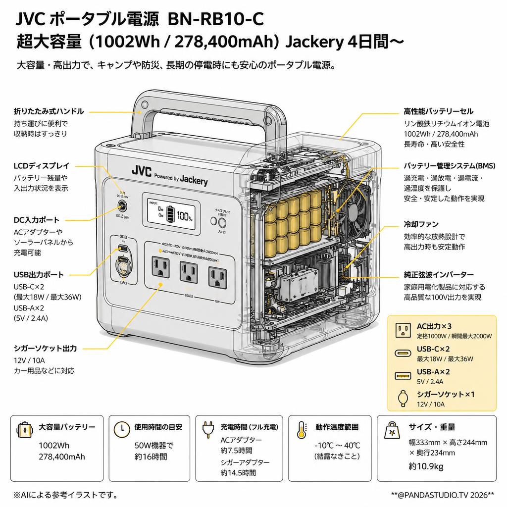 JVC ポータブル電源  BN-RB10-C 超大容量 (1002Wh / 278,400mAh) Jackery 4日間〜 スペック