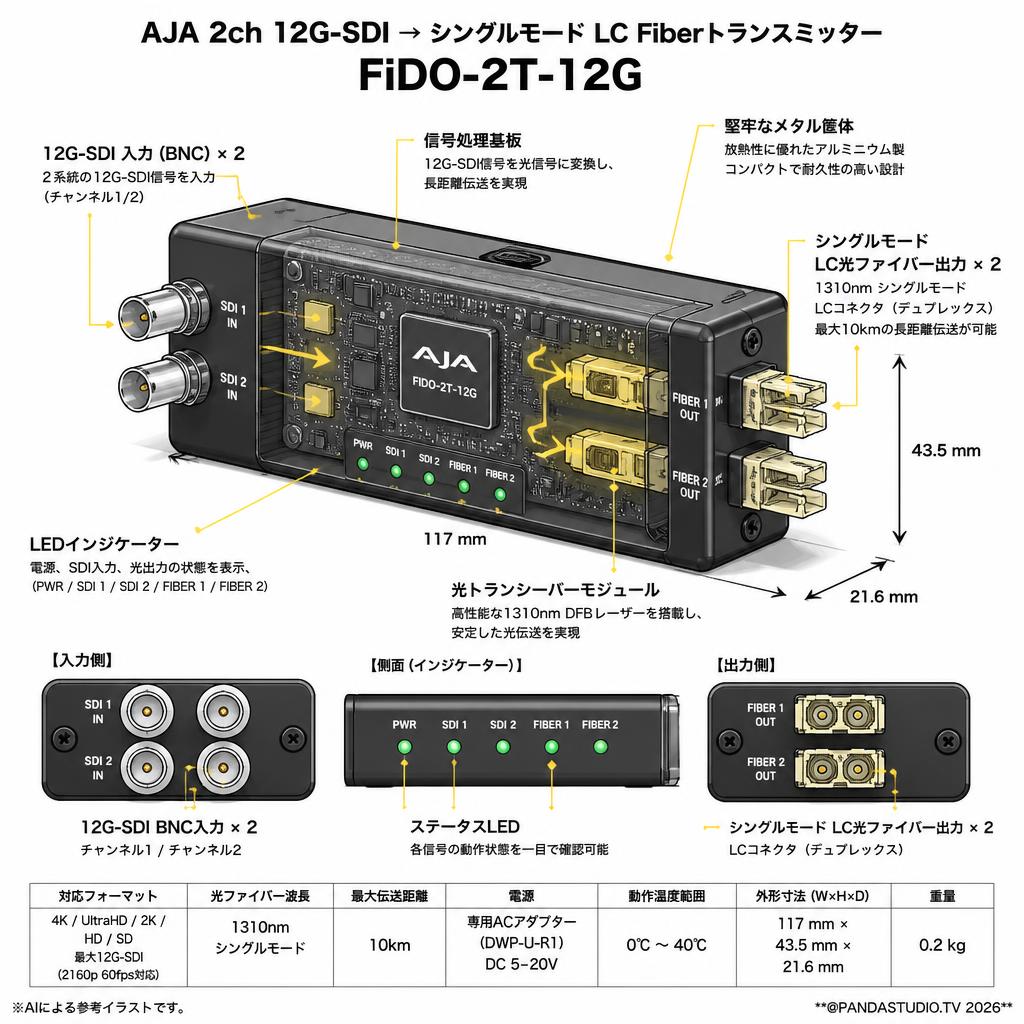 AJA 2ch 12G-SDI → シングルモード LC Fiberトランスミッター FiDO-2T-12G スペック
