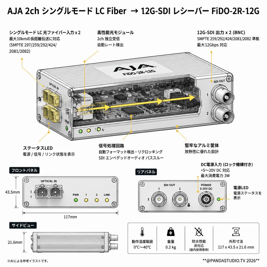 AJA 2ch シングルモード LC Fiber → 12G-SDI レシーバー FiDO-2R-12G スペック