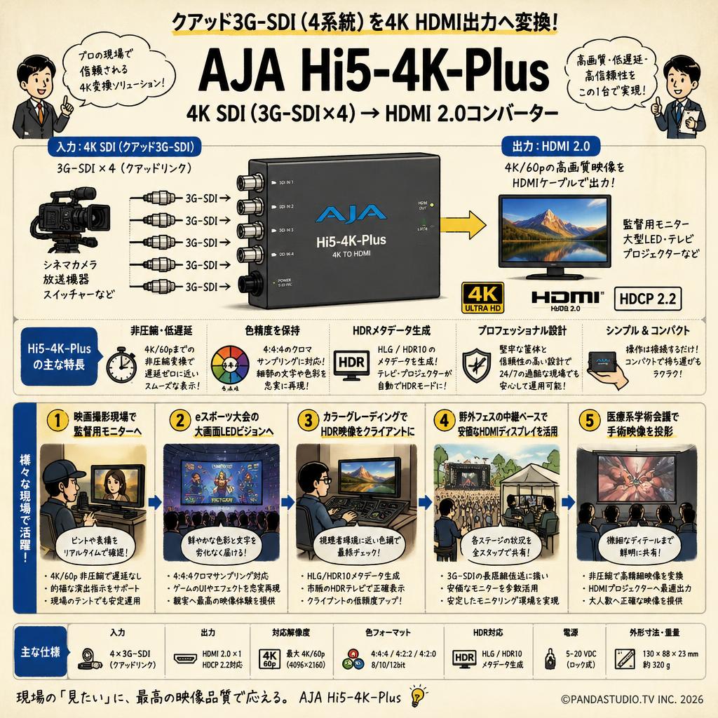 AJA 4K SD（I 3G-SDI×4）→ HDMI 2.0コンバーター Hi5-4K-Plus 用途