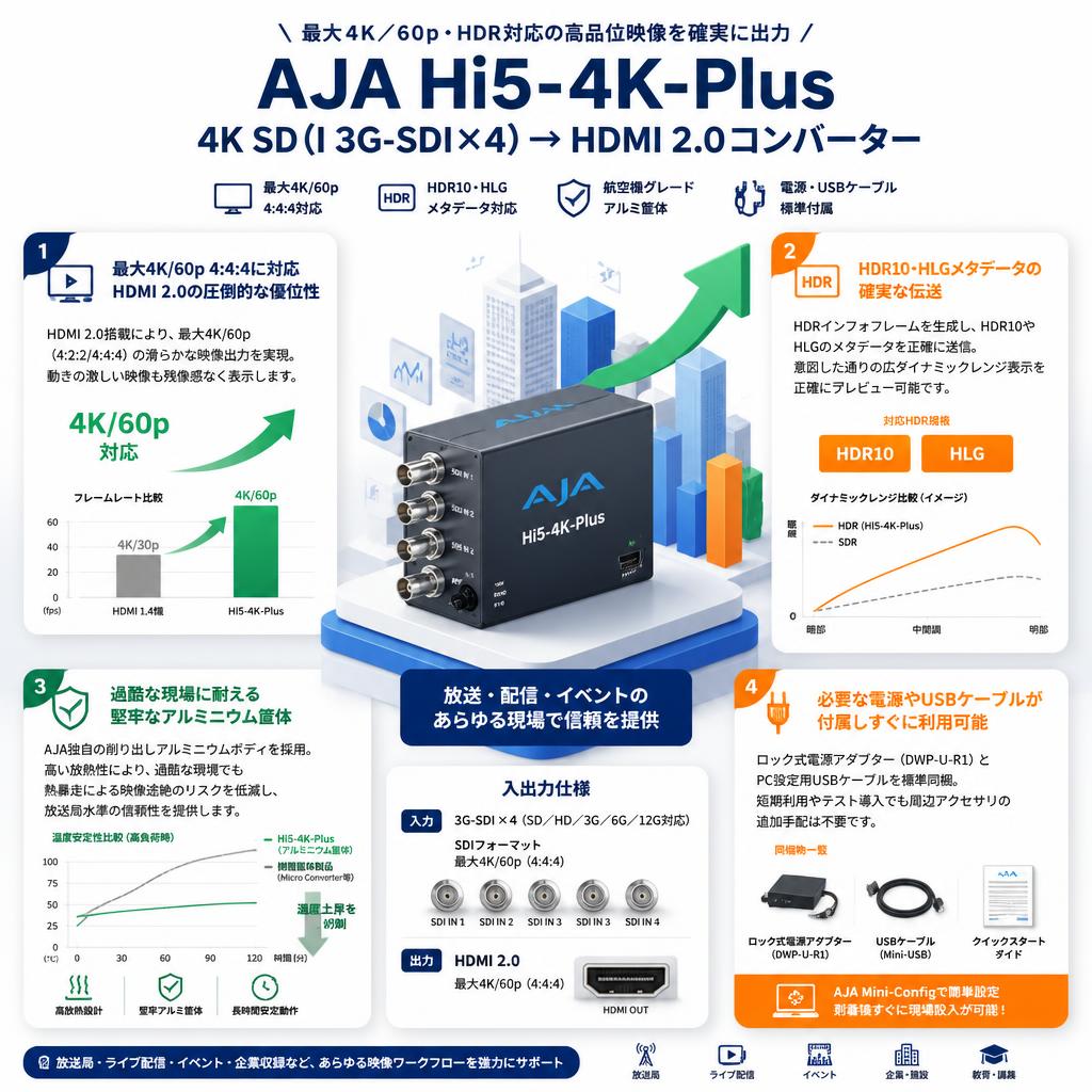 AJA 4K SD（I 3G-SDI×4）→ HDMI 2.0コンバーター Hi5-4K-Plus セールスポイント