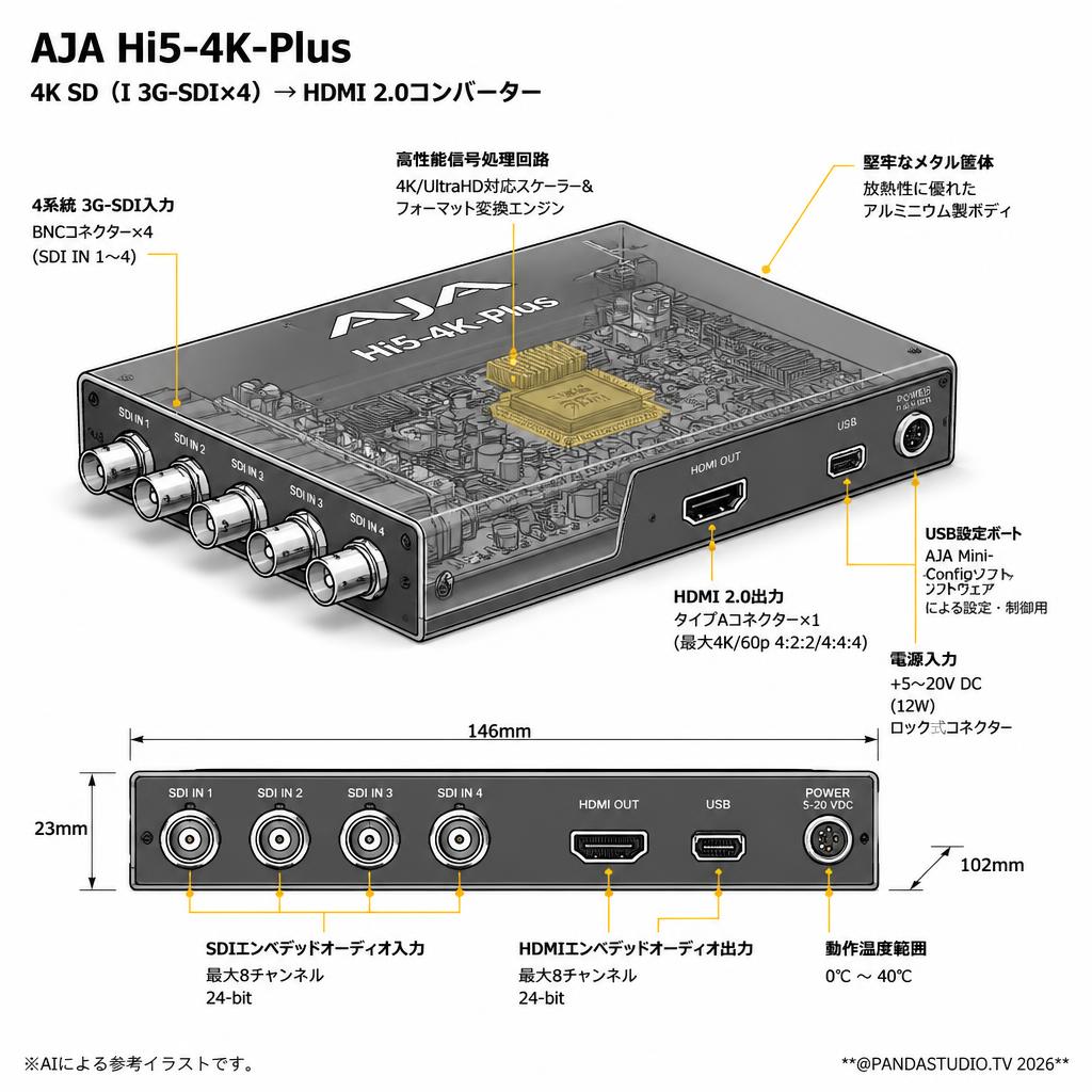 AJA 4K SD（I 3G-SDI×4）→ HDMI 2.0コンバーター Hi5-4K-Plus スペック