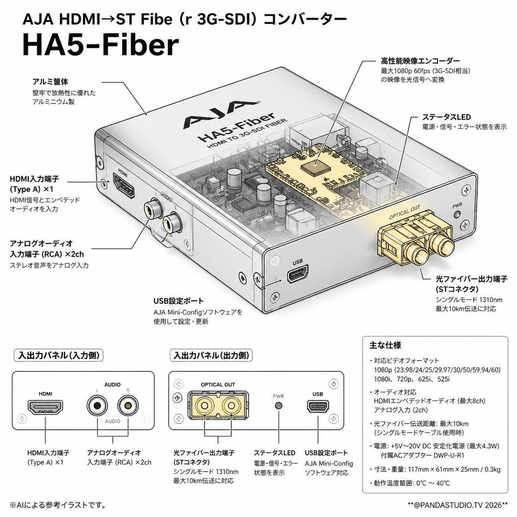 AJA HDMI→ST Fibe（r 3G-SDI）コンバーター HA5-Fiber スペック