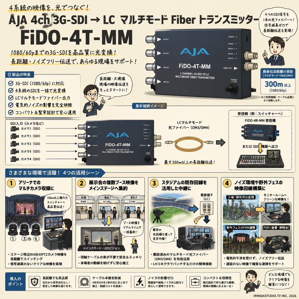 AJA 4ch 3G-SDI → LC マルチモード Fiber トランスミッター FiDO-4T-MM 用途