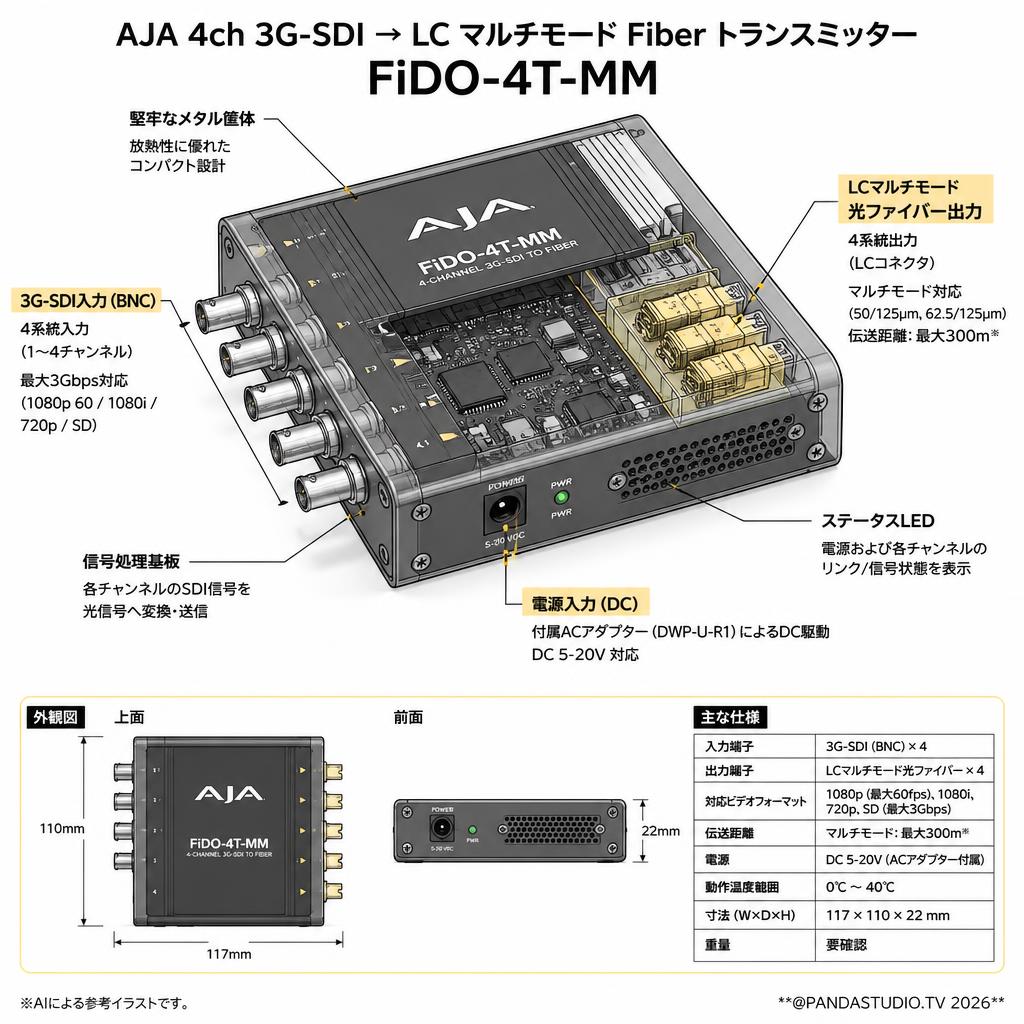 AJA 4ch 3G-SDI → LC マルチモード Fiber トランスミッター FiDO-4T-MM スペック