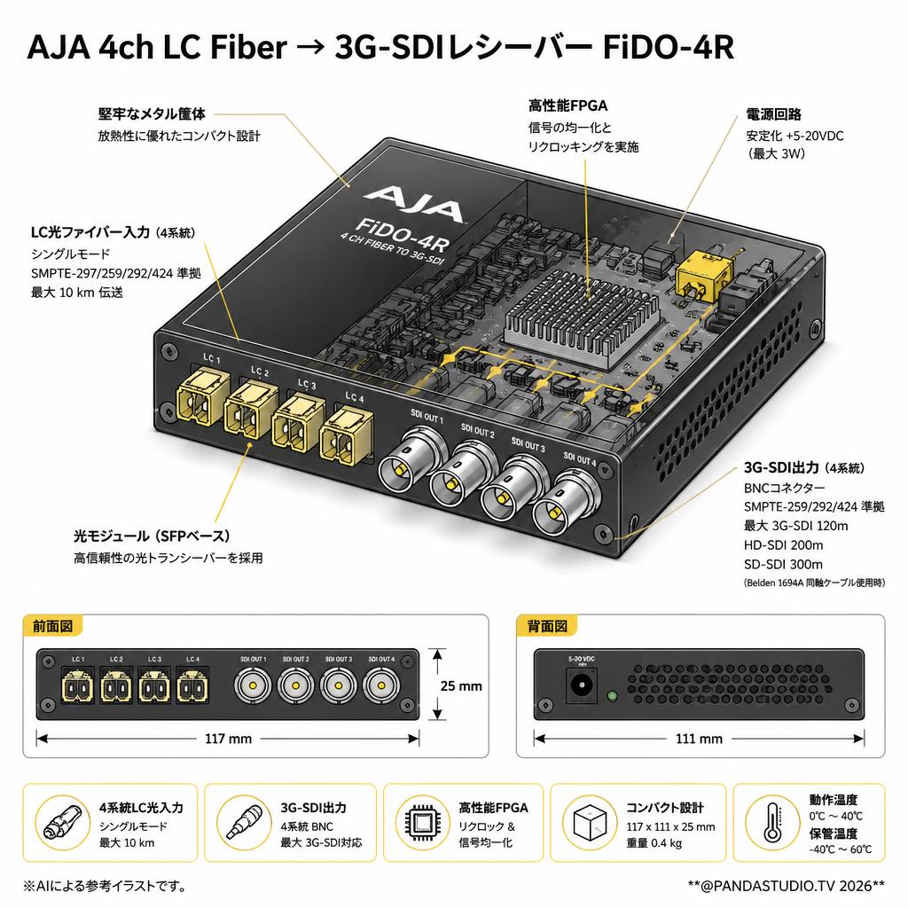 AJA 4ch LC Fiber → 3G-SDIレシーバー FiDO-4R スペック