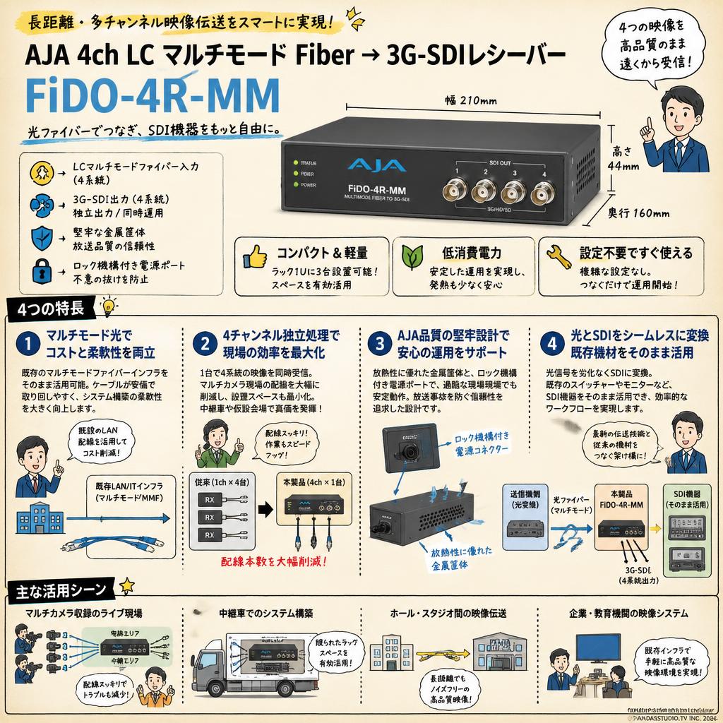 AJA 4ch LC マルチモード Fiber → 3G-SDIレシーバー FiDO-4R-MM 概要