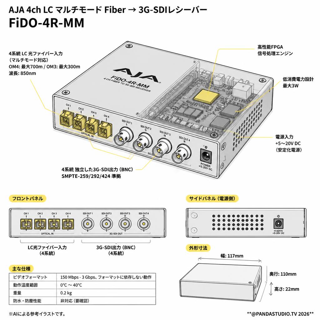 AJA 4ch LC マルチモード Fiber → 3G-SDIレシーバー FiDO-4R-MM スペック