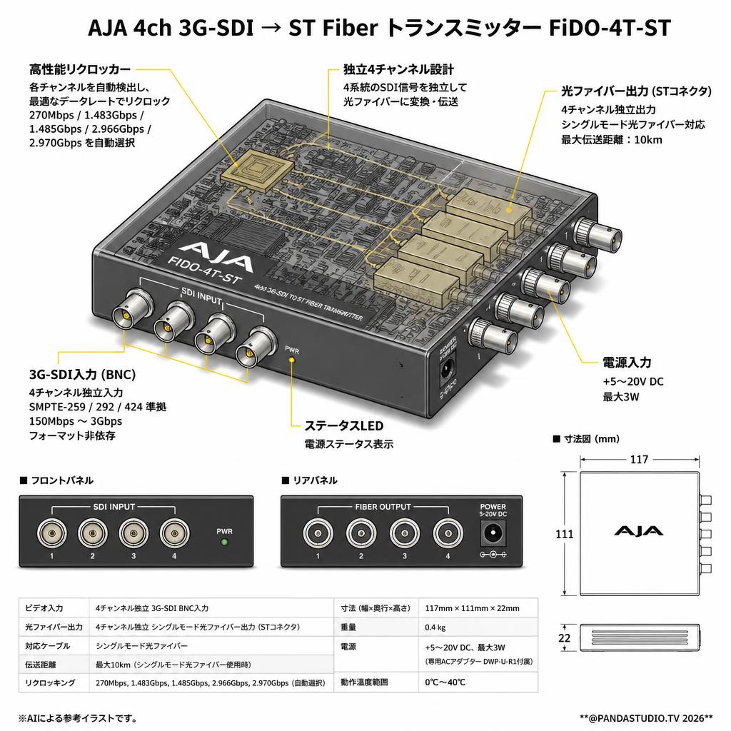 AJA 4ch 3G-SDI → ST Fiber トランスミッター FiDO-4T-ST スペック