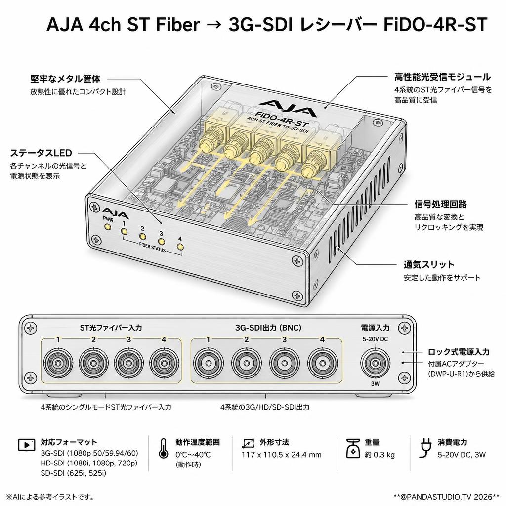 AJA 4ch ST FIber → 3G-SDI レシーバー FiDO-4R-ST スペック