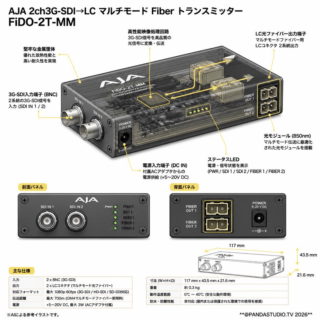 AJA 2ch3G-SDI→LC マルチモード Fiber トランスミッター FiDO-2T-MM スペック