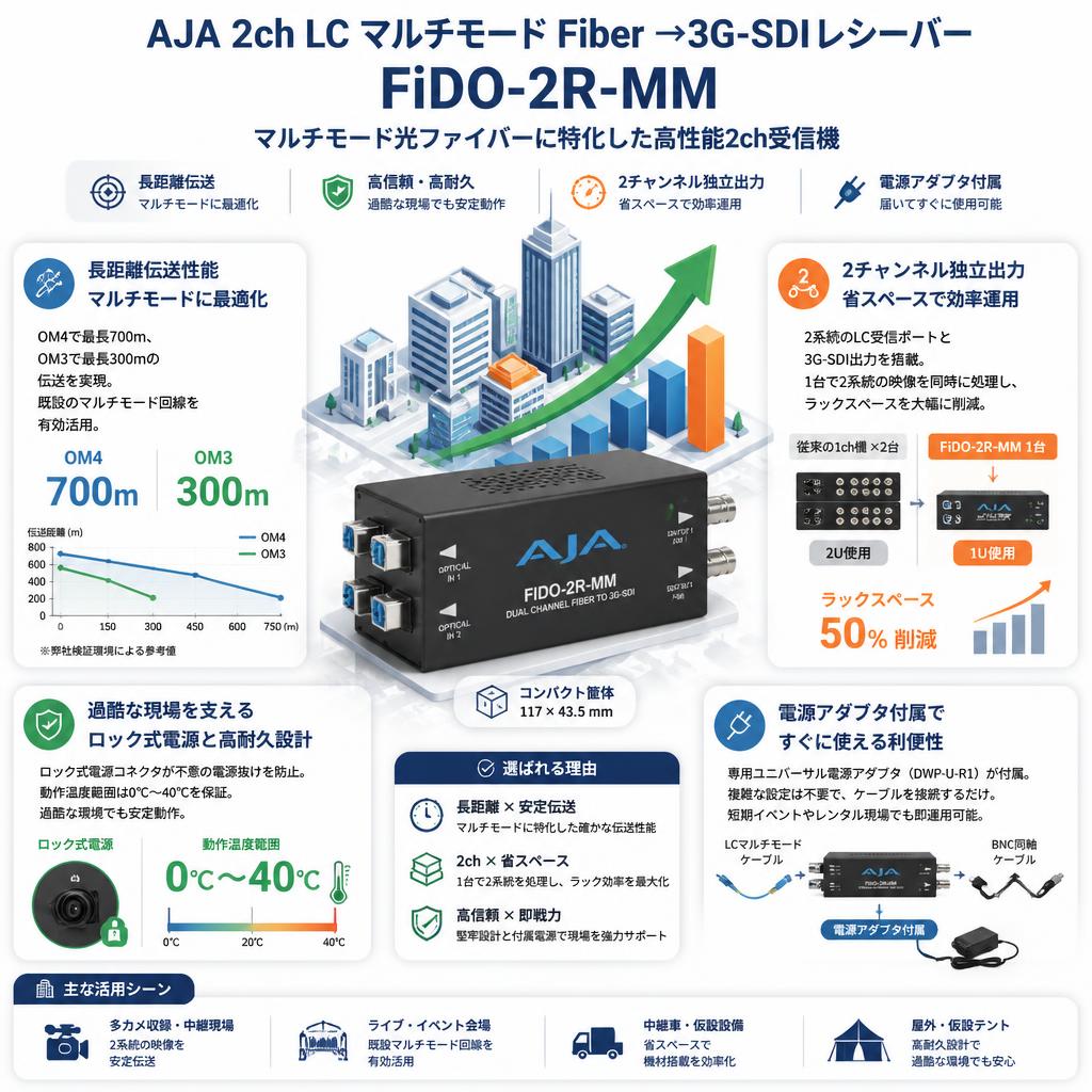 AJA 2ch LC マルチモード Fiber →3G-SDIレシーバー FiDO-2R-MM セールスポイント