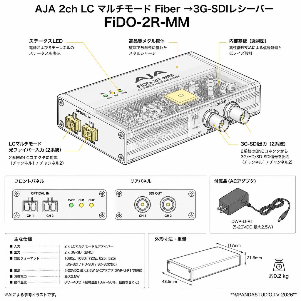 AJA 2ch LC マルチモード Fiber →3G-SDIレシーバー FiDO-2R-MM スペック
