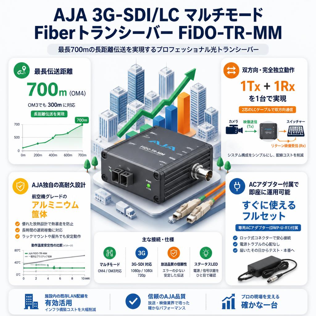 AJA 3G-SDI/LC マルチモード Fiberトランシーバー FiDO-TR-MM セールスポイント