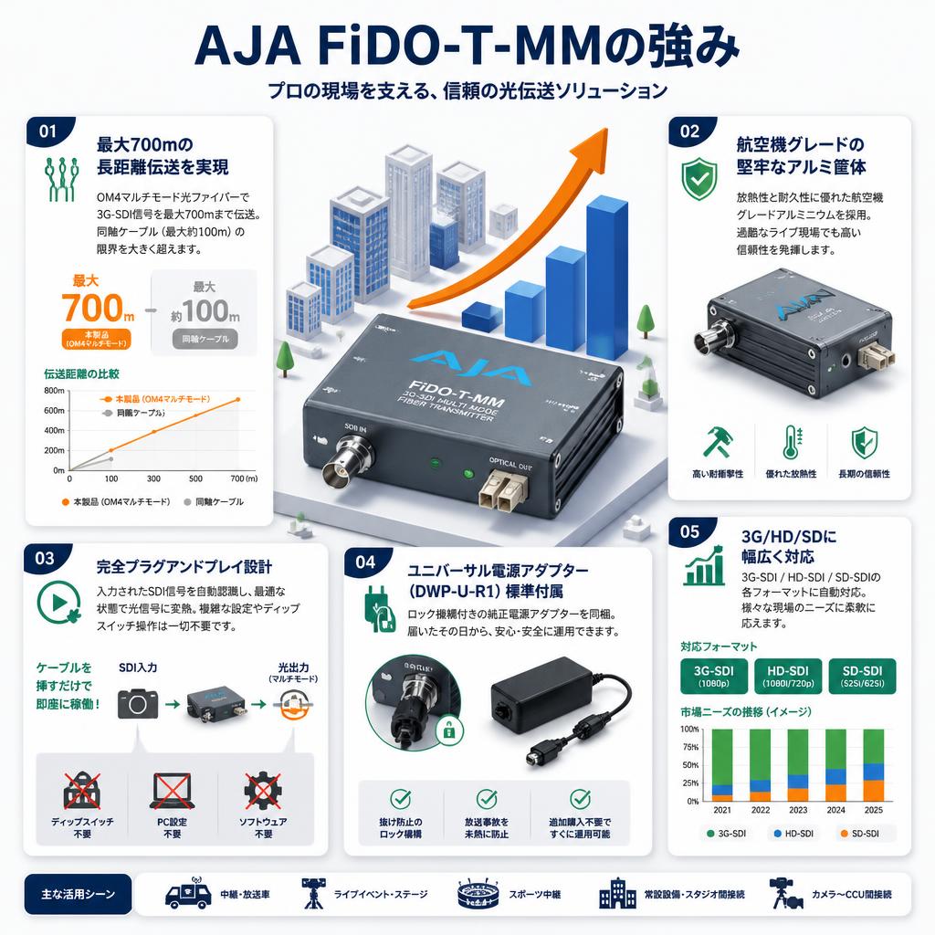 AJA 1ch 3G-SDI/LC マルチモード Fiberトランスミッター FiDO-T-MM セールスポイント