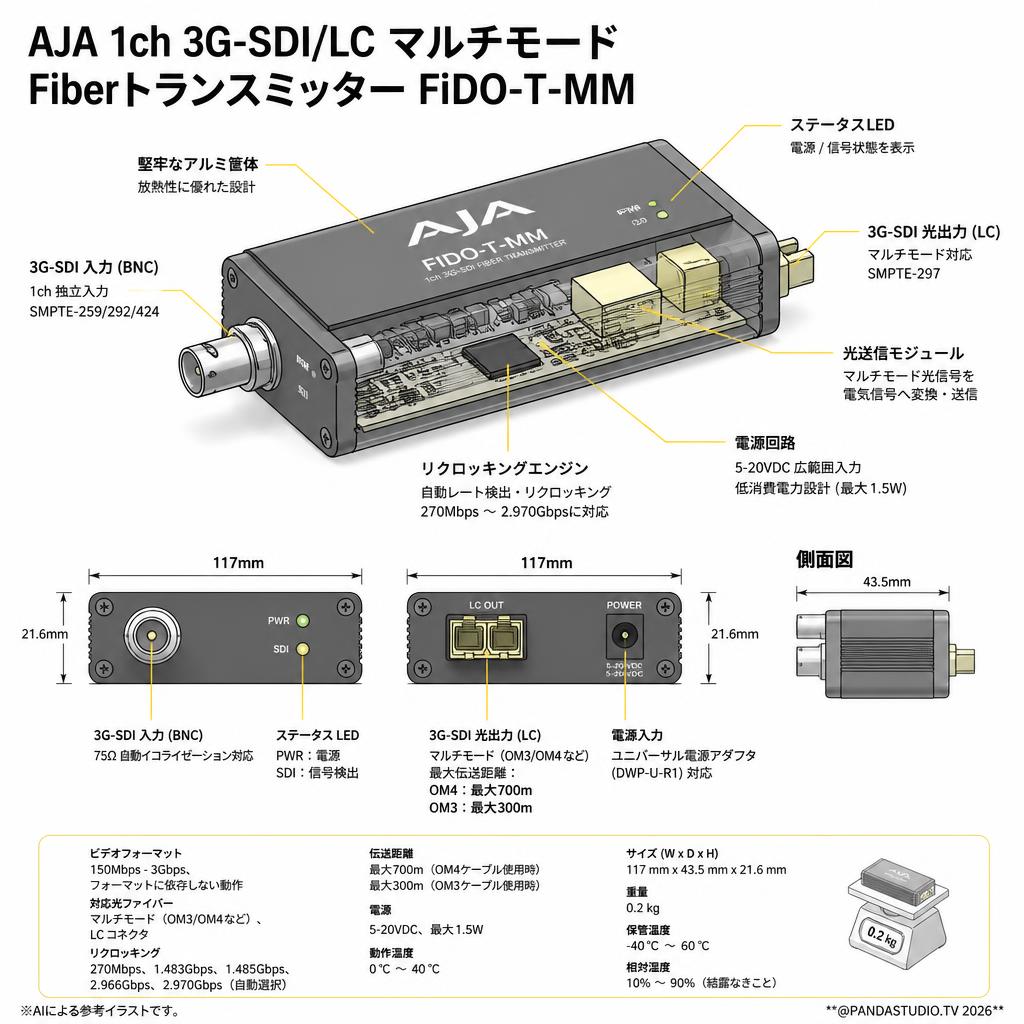 AJA 1ch 3G-SDI/LC マルチモード Fiberトランスミッター FiDO-T-MM スペック