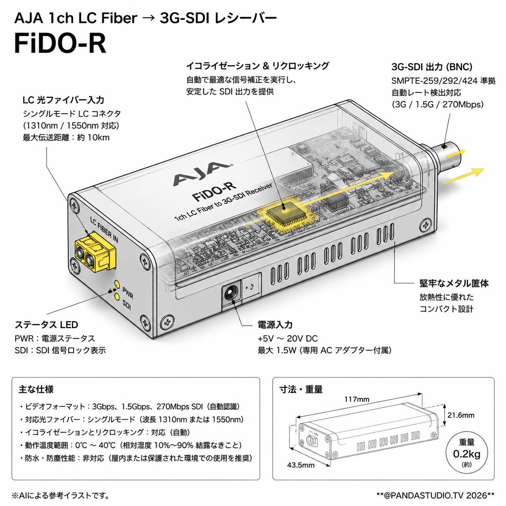 AJA 1ch LC Fiber → 3G-SDI レシーバー FiDO-R スペック