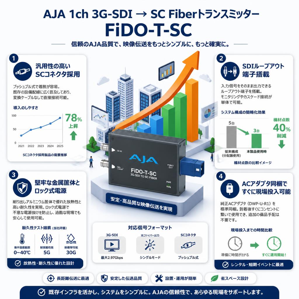 AJA 1ch 3G-SDI → SC Fiberトランスミッター FiDO-T-SC セールスポイント