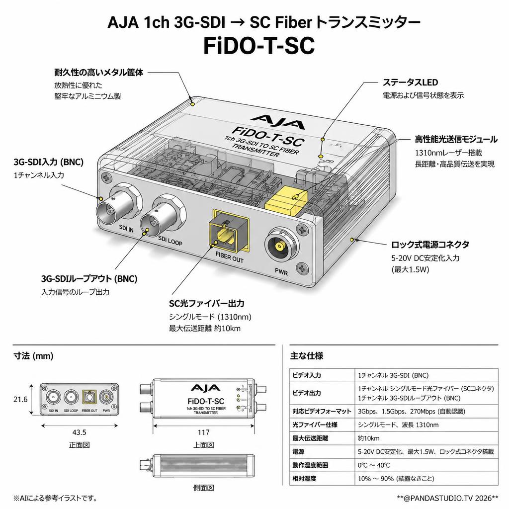 AJA 1ch 3G-SDI → SC Fiberトランスミッター FiDO-T-SC スペック
