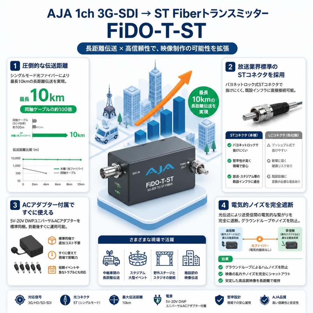 AJA 1ch 3G-SDI → ST Fiberトランスミッター FiDO-T-ST セールスポイント