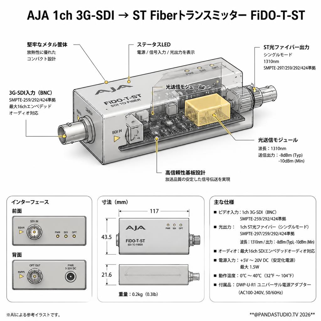 AJA 1ch 3G-SDI → ST Fiberトランスミッター FiDO-T-ST スペック