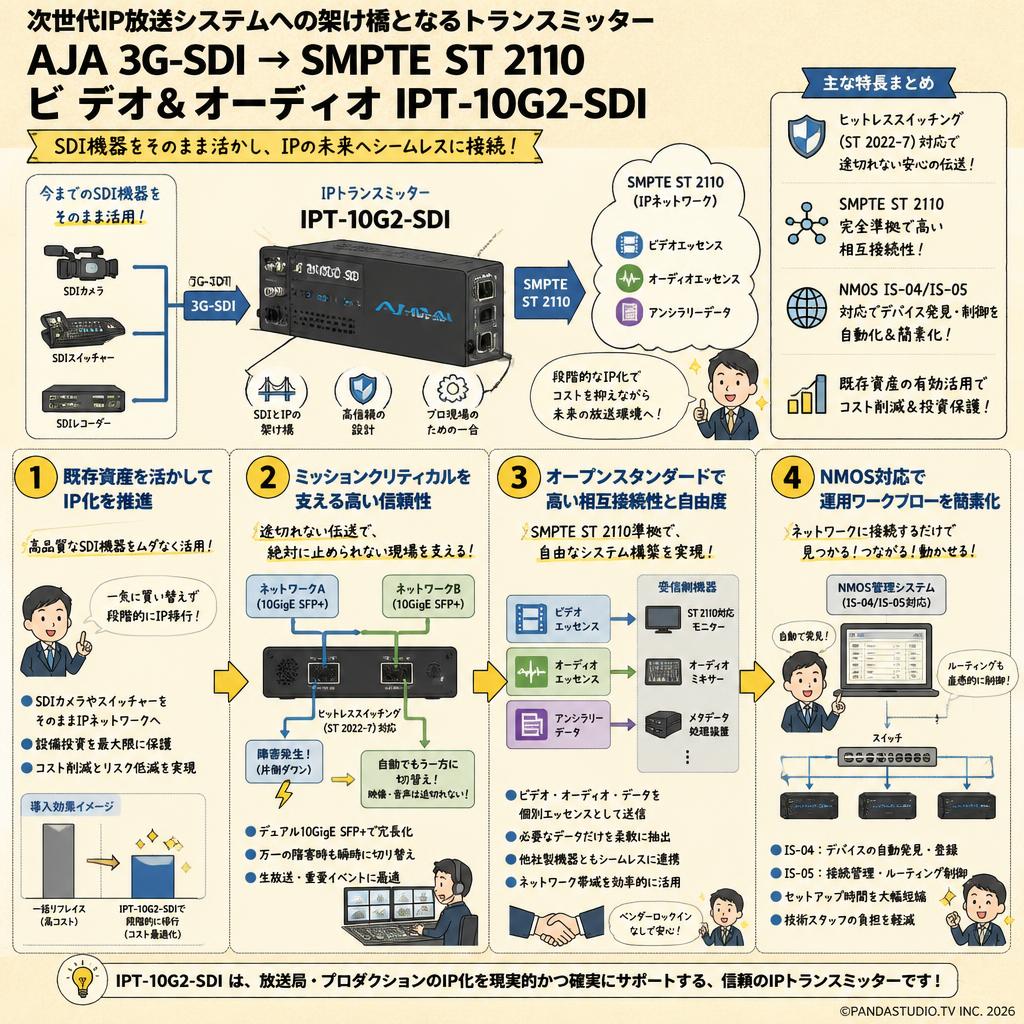 AJA 3G-SDI → SMPTE ST 2110 ビデオ& オーディオ IPT-10G2-SDI 概要