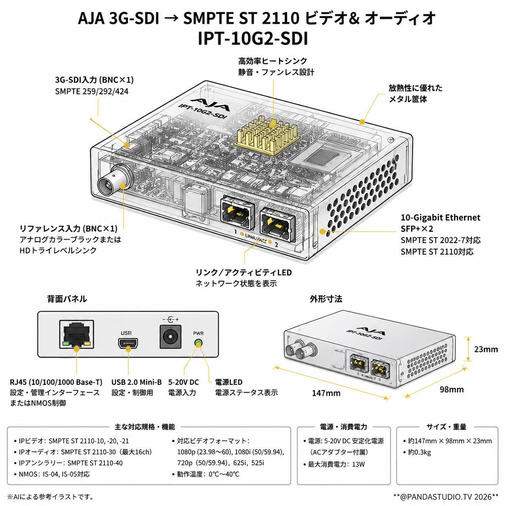 AJA 3G-SDI → SMPTE ST 2110 ビデオ& オーディオ IPT-10G2-SDI スペック