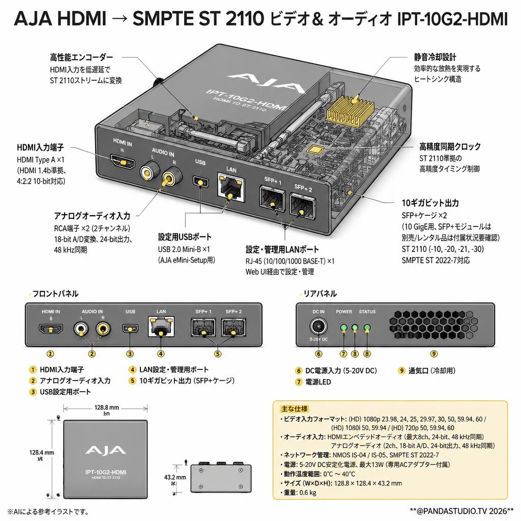 AJA HDMI → SMPTE ST 2110 ビデオ& オーディオ IPT-10G2-HDMI スペック