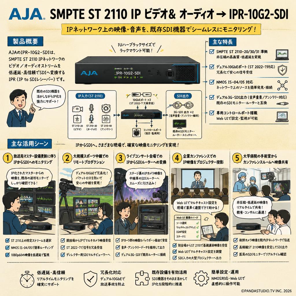 AJA SMPTE ST 2110 IP ビデオ& オーディオ → IPR-10G2-SDI 用途