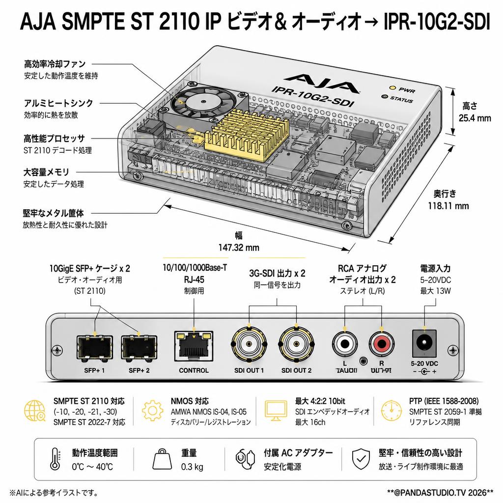 AJA SMPTE ST 2110 IP ビデオ& オーディオ → IPR-10G2-SDI スペック