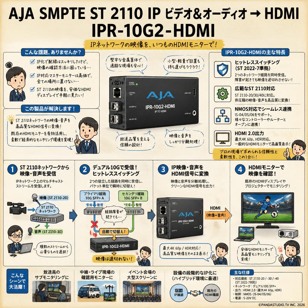 AJA SMPTE ST 2110 IP ビデオ& オーディオ → HDMI  IPR-10G2-HDMI 概要