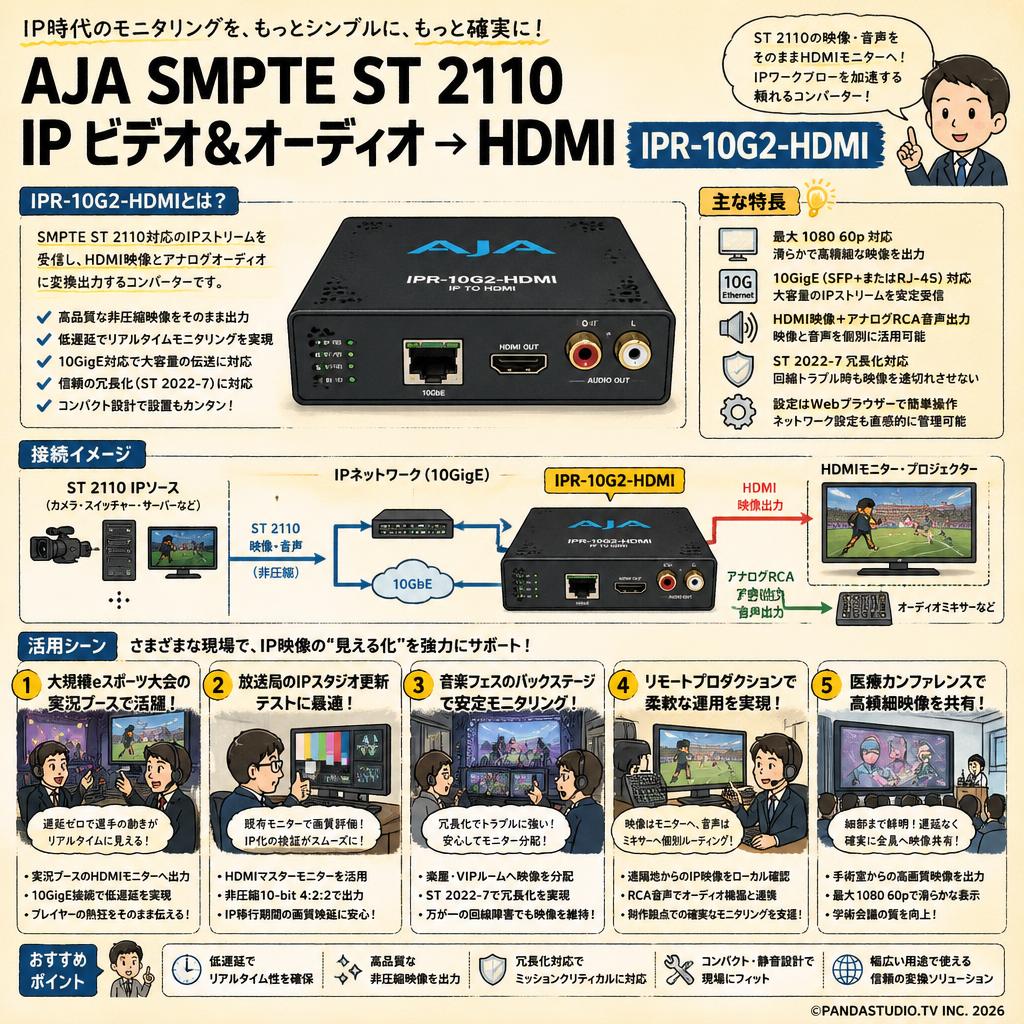 AJA SMPTE ST 2110 IP ビデオ& オーディオ → HDMI  IPR-10G2-HDMI 用途