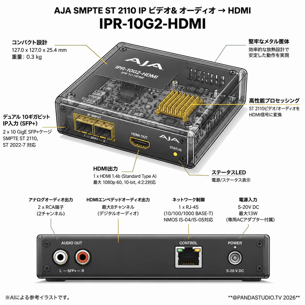 AJA SMPTE ST 2110 IP ビデオ& オーディオ → HDMI  IPR-10G2-HDMI スペック