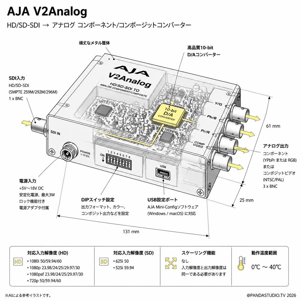AJA HD/SD-SDI → アナログ コンポーネント/コンポジットコンバーター V2Analog スペック