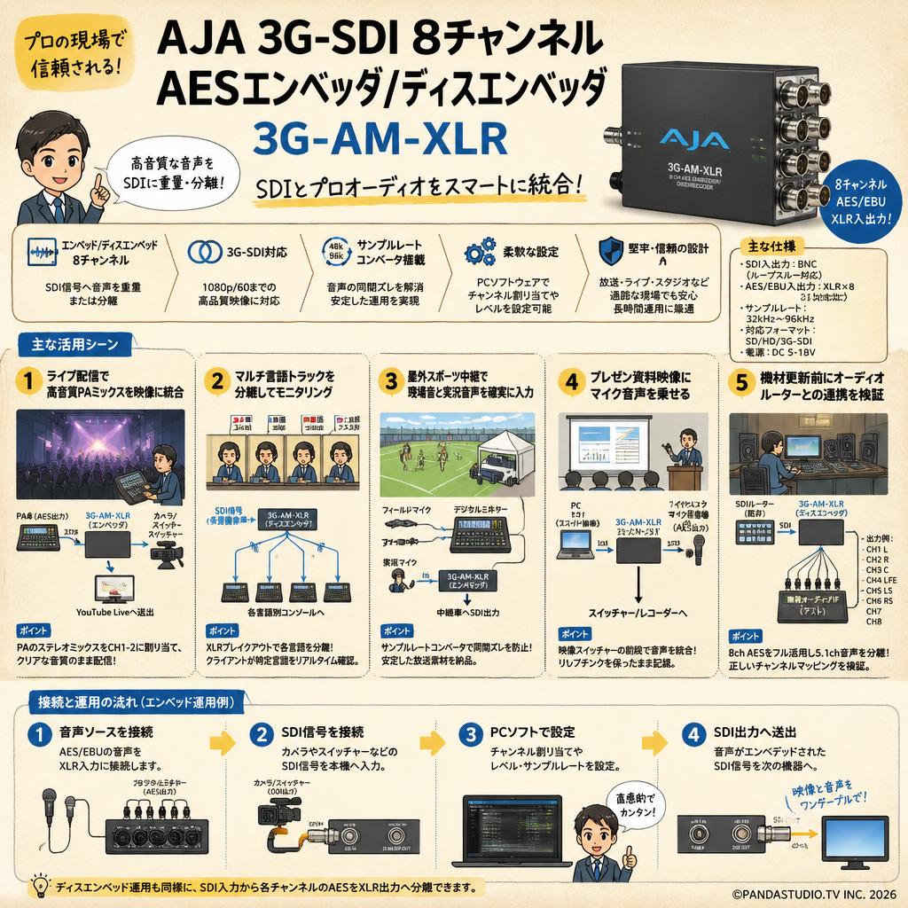 AJA 3G-SDI 8 チャンネルAESエンベッダ/ディスエンベッダ  3G-AM-XLR 用途