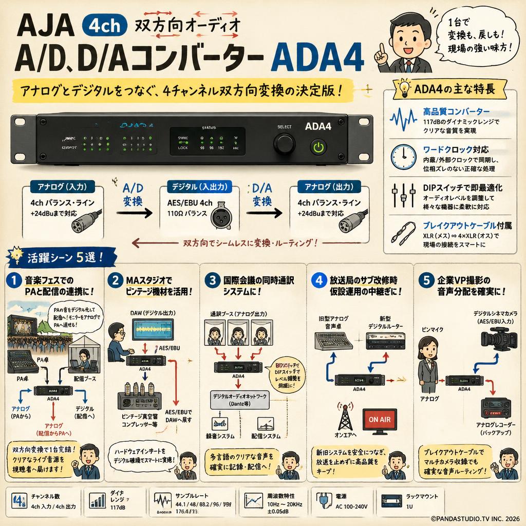 AJA 4ch 双方向オーディオ A/D、 D/Aコンバーター ADA4 用途