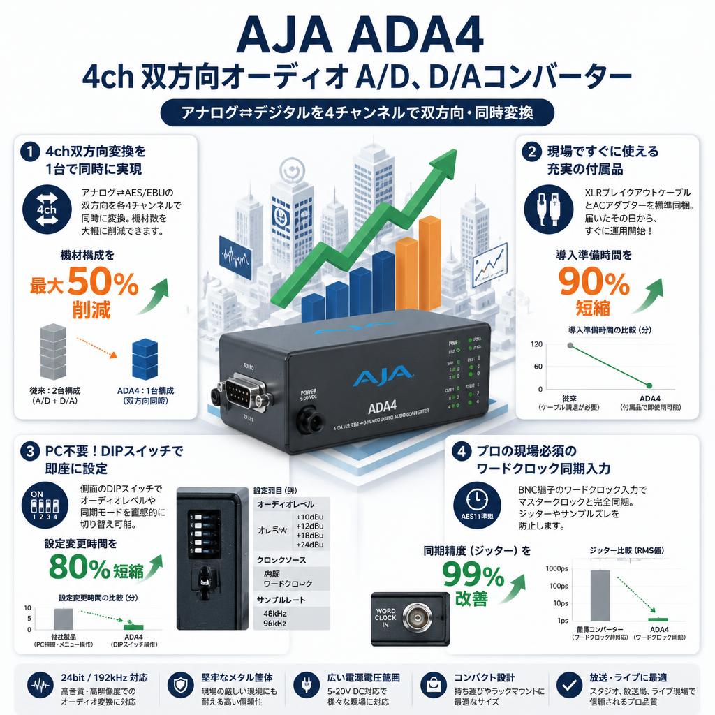 AJA 4ch 双方向オーディオ A/D、 D/Aコンバーター ADA4 セールスポイント