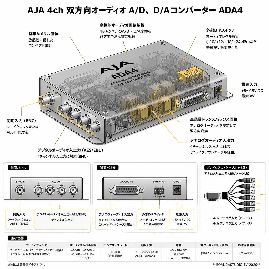 AJA 4ch 双方向オーディオ A/D、 D/Aコンバーター ADA4 スペック