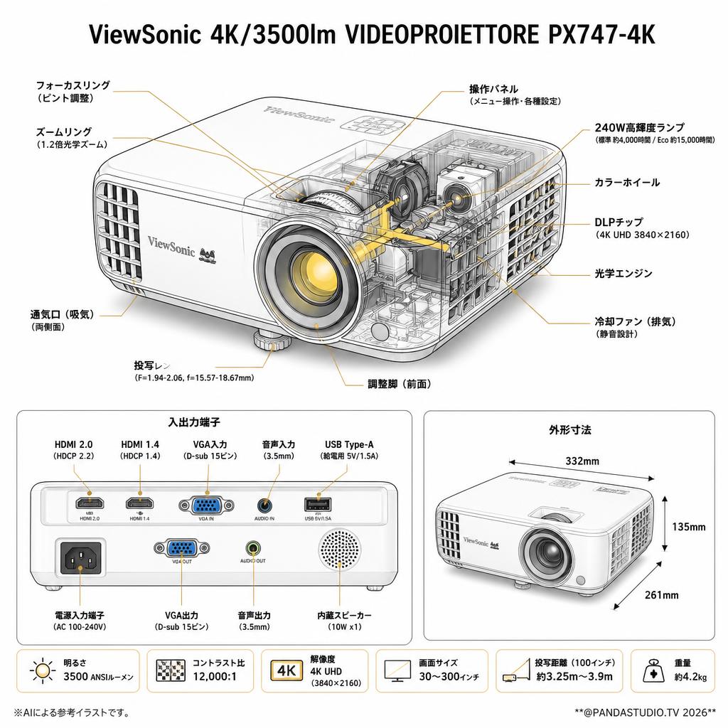 ViewSonic 4K/3500lm VIDEOPROIETTORE PX747-4K スペック