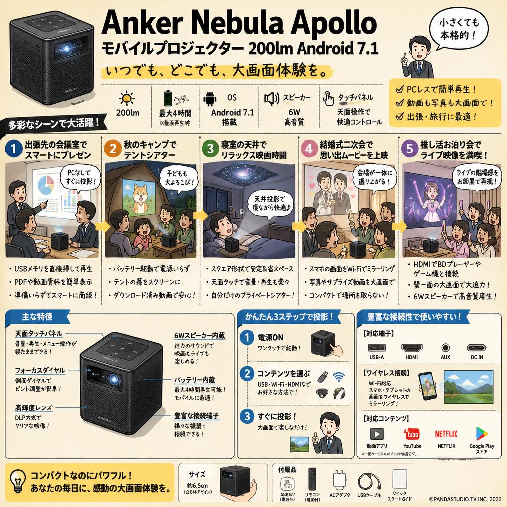 Anker Nebula Apollo モバイルプロジェクター 200lm Android 7.1 用途