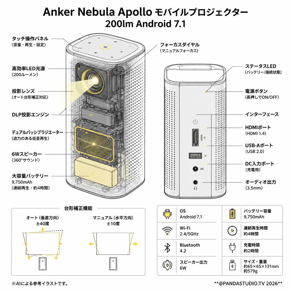 Anker Nebula Apollo モバイルプロジェクター 200lm Android 7.1 スペック