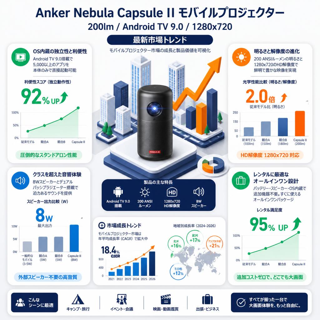 Anker Nebula Capsule II モバイルプロジェクター 200lm Android TV9.0 1280x720 セールスポイント