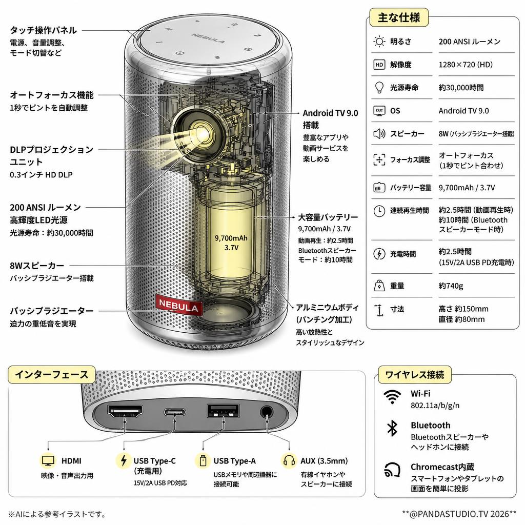 Anker Nebula Capsule II モバイルプロジェクター 200lm Android TV9.0 1280x720 スペック