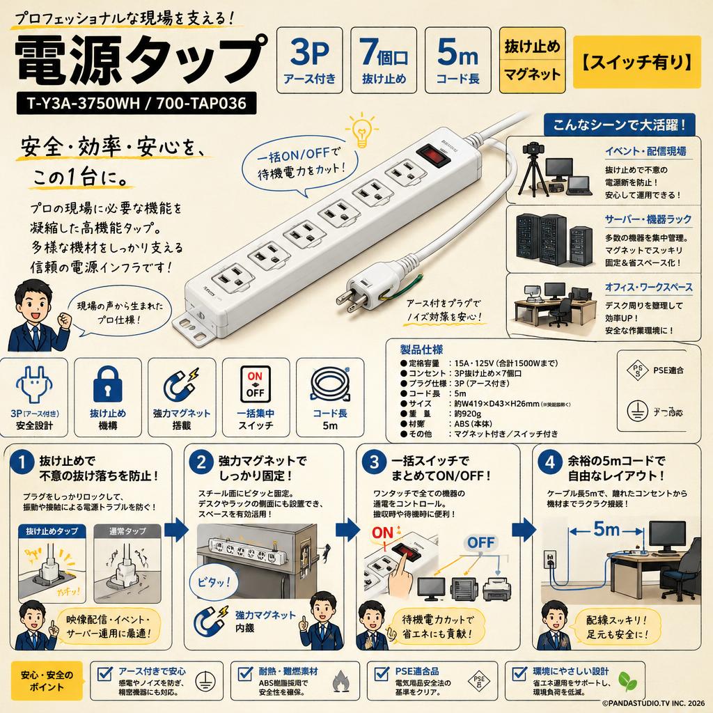 電源タップ  3P 7個口 5m 抜け止めマグネット【スイッチ有り】T-Y3A-3750WH / 700-TAP036 概要