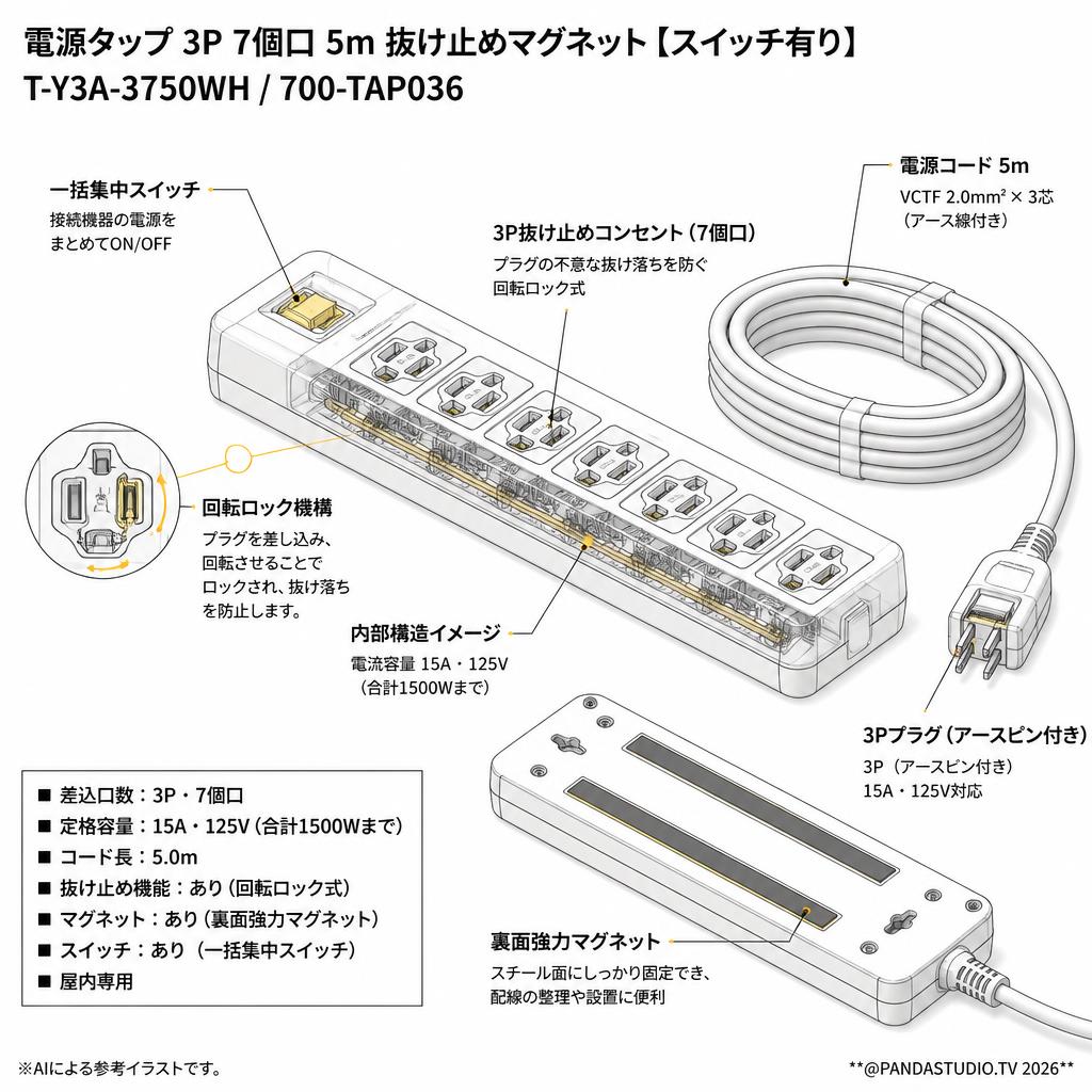 電源タップ  3P 7個口 5m 抜け止めマグネット【スイッチ有り】T-Y3A-3750WH / 700-TAP036 スペック