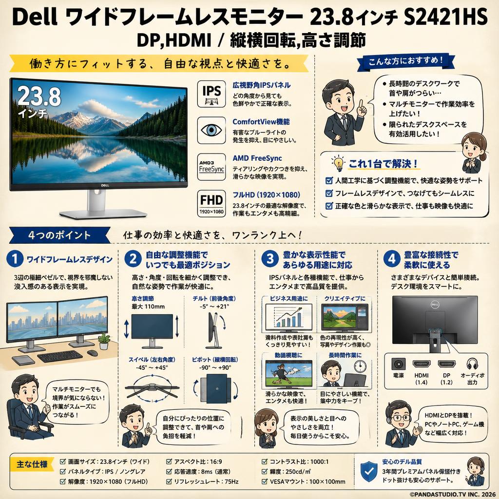 Dell ワイドフレームレスモニター 23.8インチ S2421HS DP,HDMI/縦横回転,高さ調節 概要